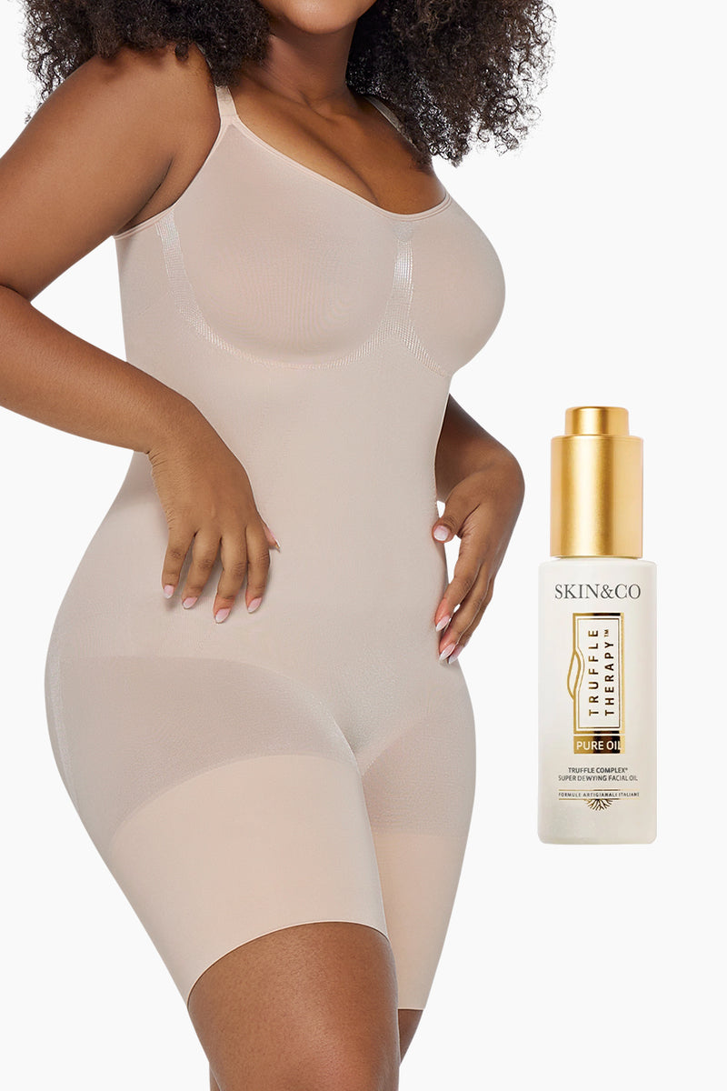 Glow Up Face & Body Bundle featuring a seamless nude full body shaper with 360° sculpting compression and SKIN&CO Roma Truffle Therapy Pure Oil for radiant skin.