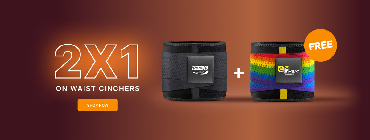 2-for-1 waist cincher offer: buy a black Tecnomed Latex waist cincher and get a colorful EZ Sweat waist cincher free.