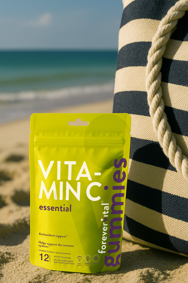 Single pouch of Forevervital Vitamin C Gummies placed on a beach, promoting wellness and immune support in a travel-friendly format.