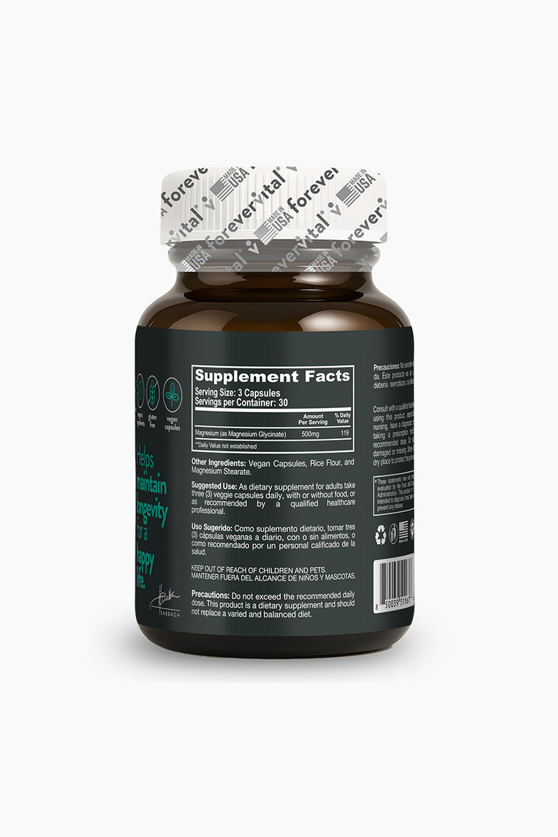 Back label of Forevervital Magnesium Glycinate 500mg showing supplement facts, ingredients, and dosage instructions for daily use.