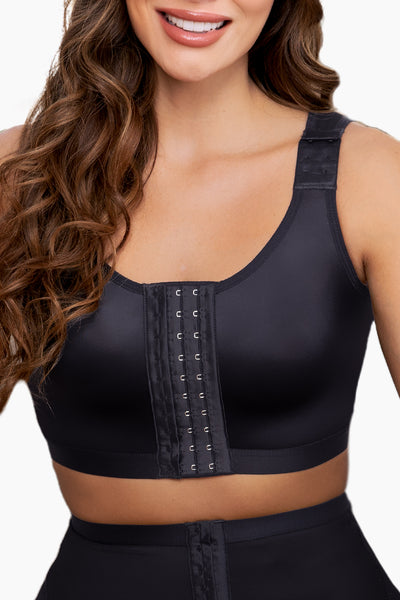 post-surgery bra for breast augmentation recovery with front closure and soft microfiber lining
