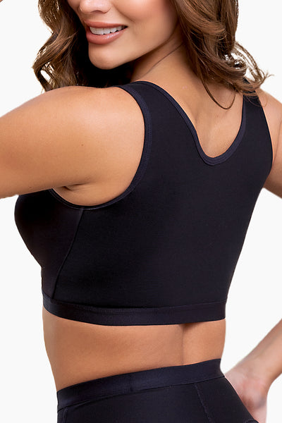 post surgery bra with front closure, adjustable straps, and breathable PowerNet fabric for post-operative support