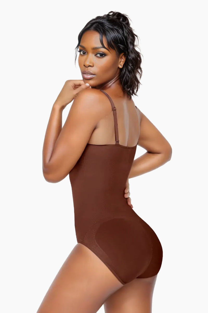 Back view of Curveez Comfort Evolution Bodysuit in chocolate brown, showcasing sculpting fit and smooth finish for a flattering shape.