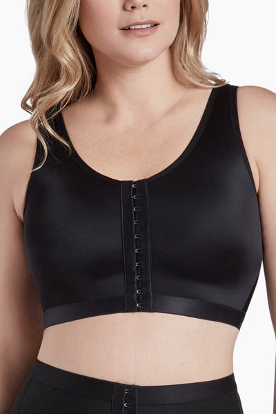 post-surgery bra for breast augmentation recovery with front closure and soft microfiber lining