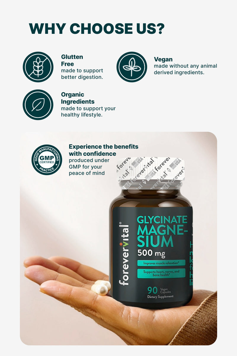 Promotional image for Forevervital Magnesium Glycinate 500mg emphasizing gluten-free, vegan, and organic ingredients with GMP certification.