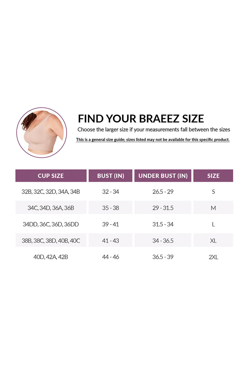 Guía de tallas de Seamless Bra BRAEEZ 7 Wonders